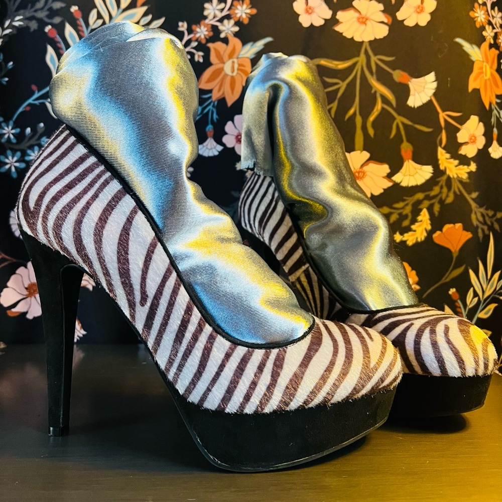 Size 9 Faux Zebra Fur Stilettos w/ Black Suede Base & Metallic Lining Photoshoot